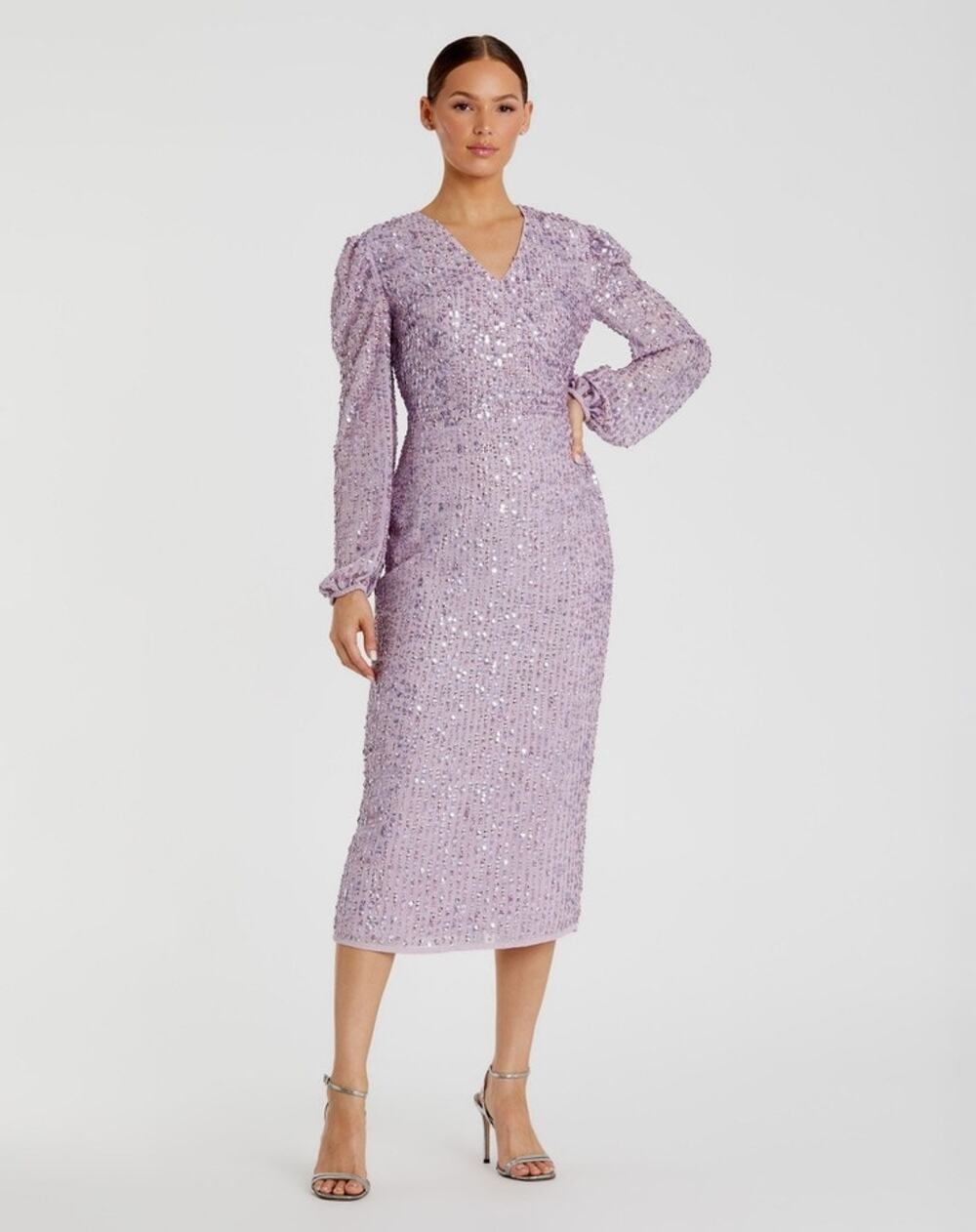 Mac Duggal Lavender Purple Sequined Puff Long Sleeve Midi Cocktail Dress 10